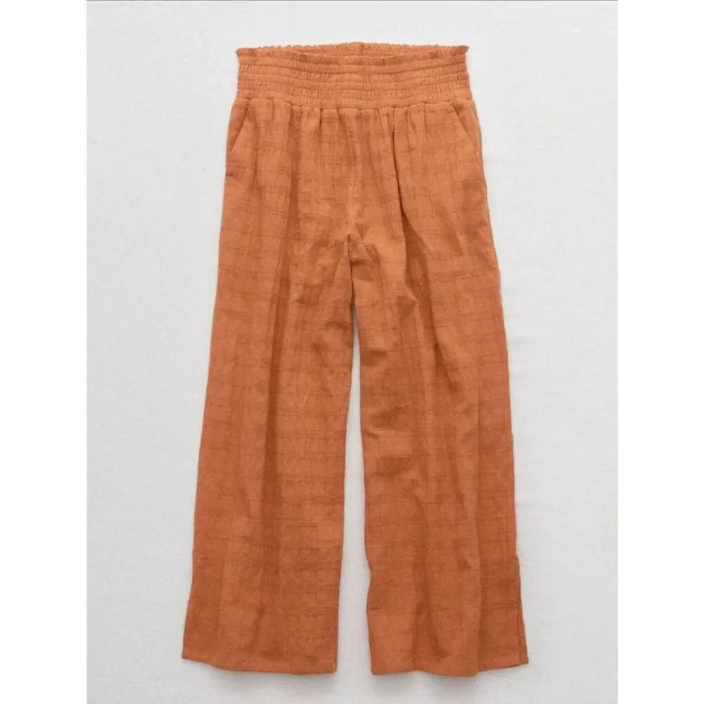 Aerie Pants Women's Medium Orange Wide Leg Cropped Smocked Boho Beach Check